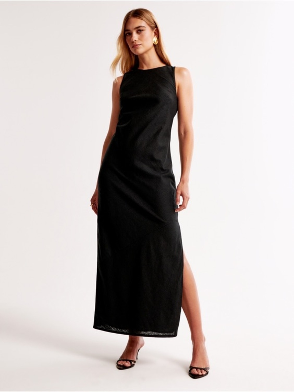 Abercrombie High Neck Linen Blend Maxi Dress with Slit in Black - M